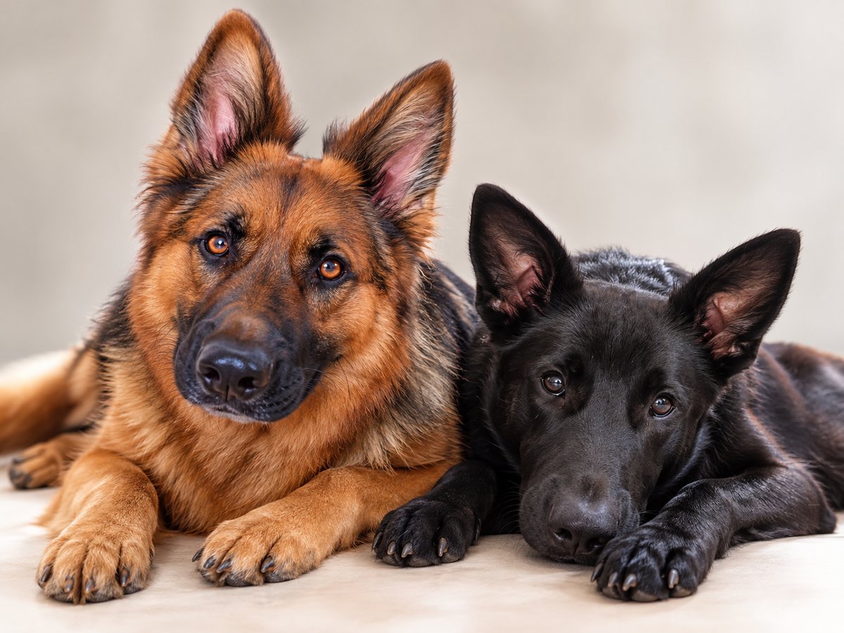 Ellie, pastor-alemão, e Athena, cachorra preta, deitadas lado a lado olhando para a câmera