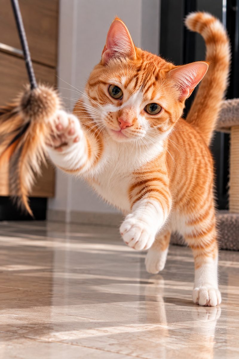 Jubileu, gato laranja e branco, brincando com uma varinha de penas