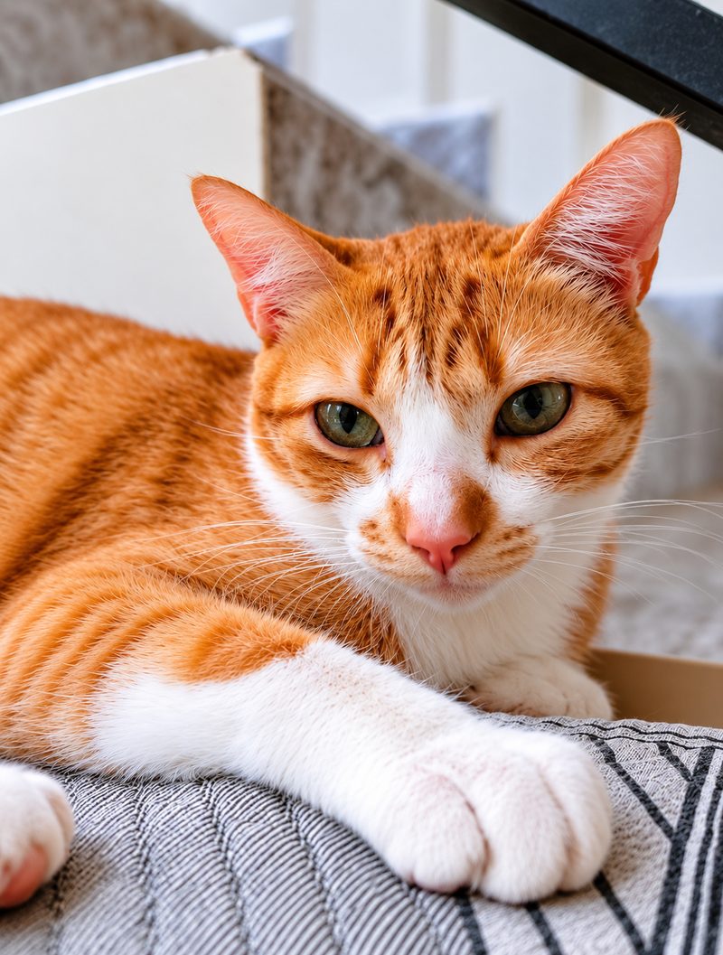 Jubileu, gato laranja e branco, deitado olhando para a câmera