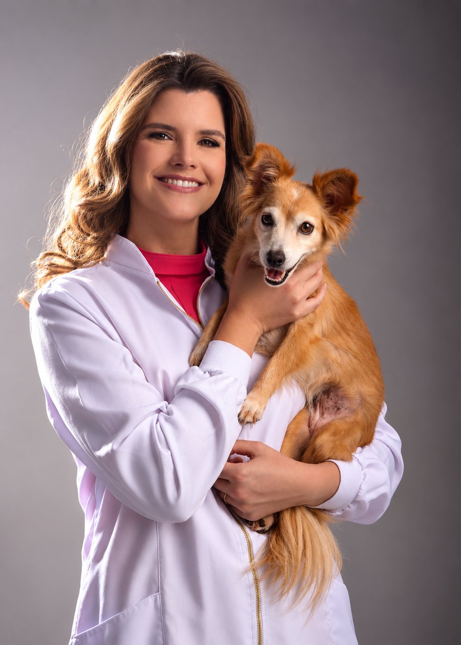 Maira Pavlak, nutricionista de pets, de jaleco branco, sorrindo e segurando uma cachorrinha caramelo no colo